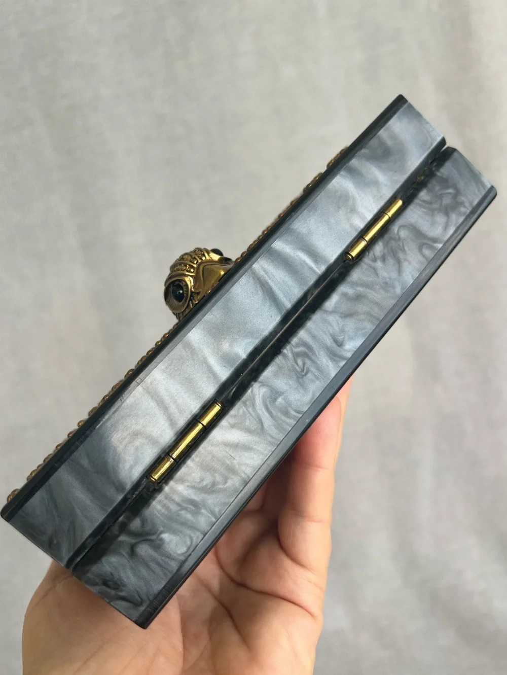 Kurt Geiger Kensington safety pin box clutch on chain gray mother of pearl NWT